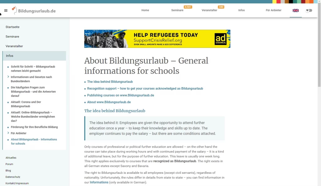 Screenshot of Website Bildungsurlaub