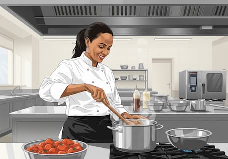 Erfolgsgeschichte Maryam 1 Lächelnde Mitarbeiterin aus Eritrea beim Kochen in einer modernen Küche - Erfolgsgeschichte